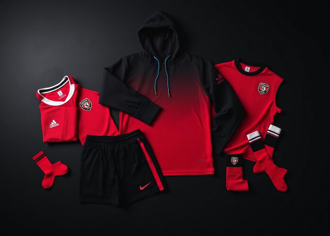 Folded custom club kit including jerseys, shorts, socks and hoodie