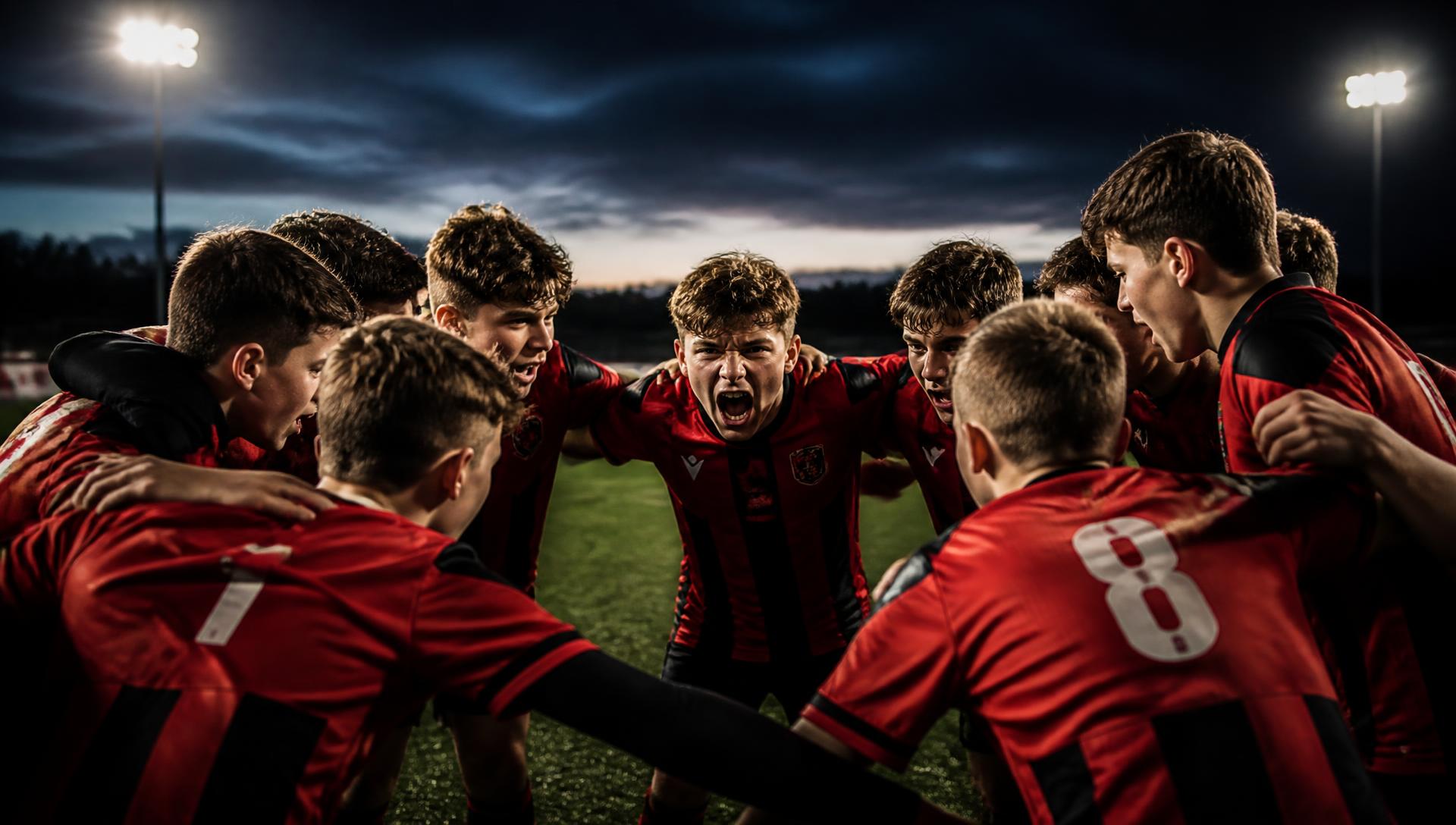 Youth football team in matching Athlonex kit huddled together under floodlights